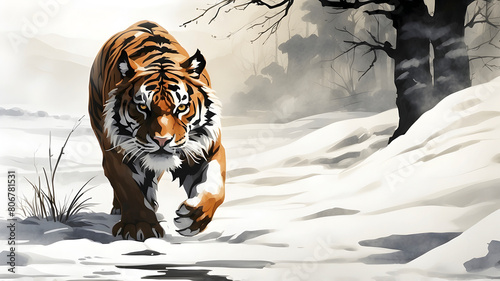 A powerful tiger, its silhouette barely visible against a snowy landscape.