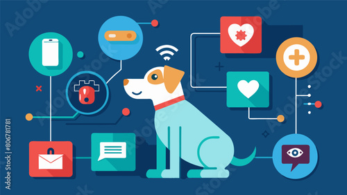 An AIpowered system analyzes a pets activity data and sends alerts to the vet if there are any sudden changes or irregularities.. Vector illustration