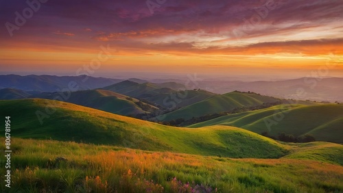 Vibrant sunset over serene rolling hills under a painted sky © sitifatimah