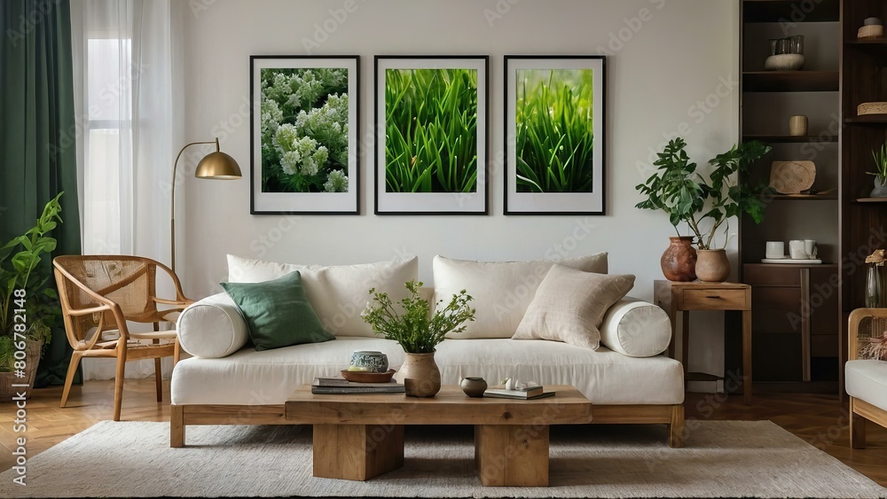 Stylish living room interior with botanical wall art and cozy decor Stylish living room interior with botanical wall art and cozy decor