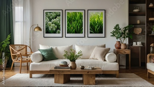 Stylish living room interior with botanical wall art and cozy decor