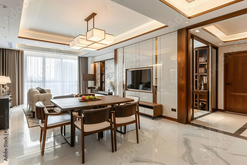 Modern Chinese style living room with white marble floor tiles  TV on the background wall and dining table in a light brown color scheme  wooden door frames  sofa chairs with leather armrests
