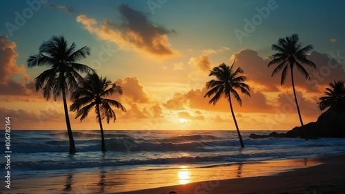 Silhouetted palm trees against a vibrant tropical sunrise