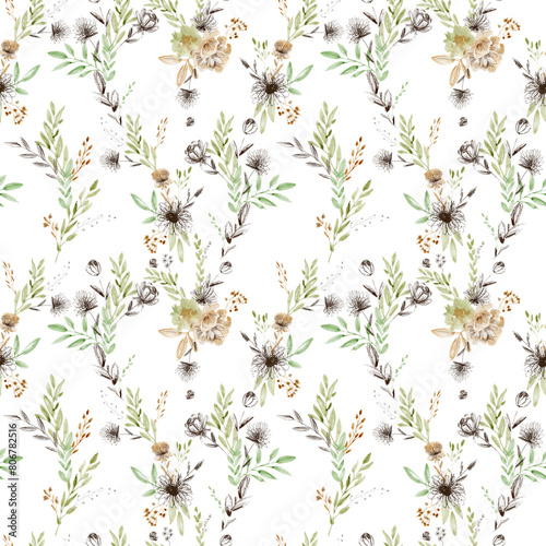 Watercolor seamless pattern with peonies. Sepia graphics.