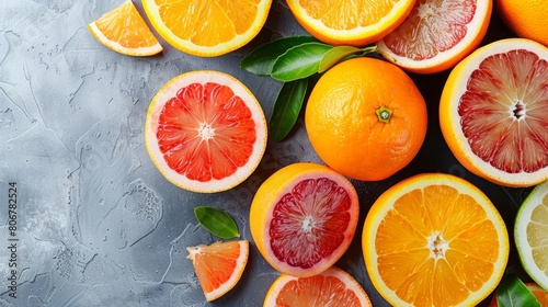   A collection of oranges and grapefruits, each sliced in half, arranged on a gray surface Included are orange and grapefruit leaves