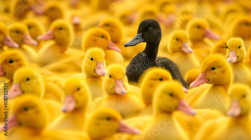 Standing Out of the Crowd. Black Duck Among Yellow Ducks - Diversity Concept