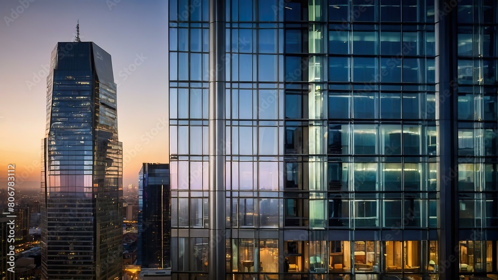 Sunset reflecting on glass facade of modern urban architecture