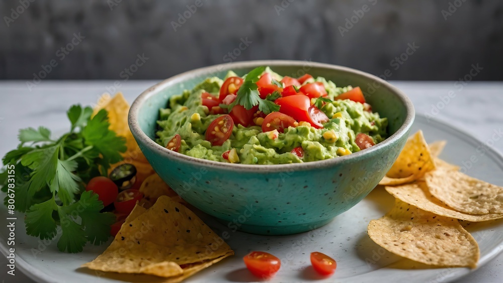 Fresh guacamole with toppings in a ceramic bowl beside tortilla chips Fresh guacamole with toppings in a ceramic bowl beside tortilla chips