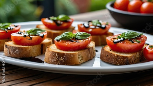 Fresh bruschetta on a plate with a rustic outdoor setting