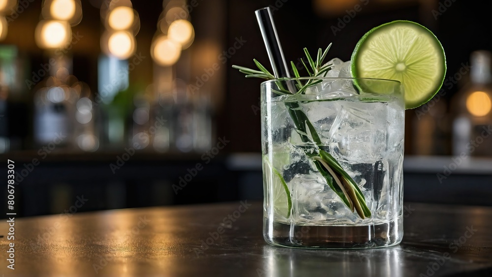 Gin and tonic in a tumbler with lime and rosemary on a bar counter Gin and tonic in a tumbler with lime and rosemary on a bar counter