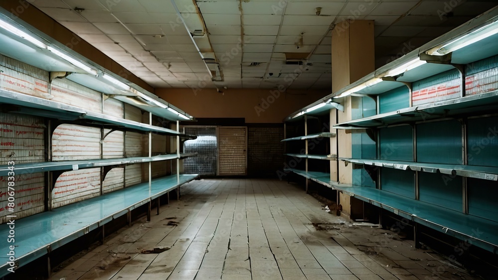 Desolate supermarket aisle with bare metal shelves Desolate supermarket aisle with bare metal shelves