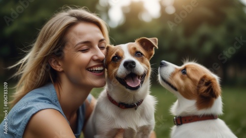 Happy friends dog and woman. Cute funny friends. focus on the face of a woman, muzzle of dog in defocus. Happy exited portrait of blonde dog owner girl and her adorable Jack Russell terrier pet photo