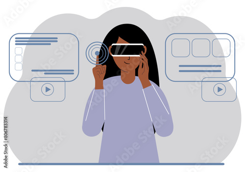 A woman wearing a virtual reality headset studies, works, plays and works. Vector flat illustration