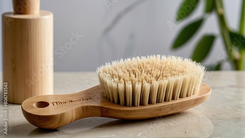 Bamboo bath brush with natural bristles on a stone background