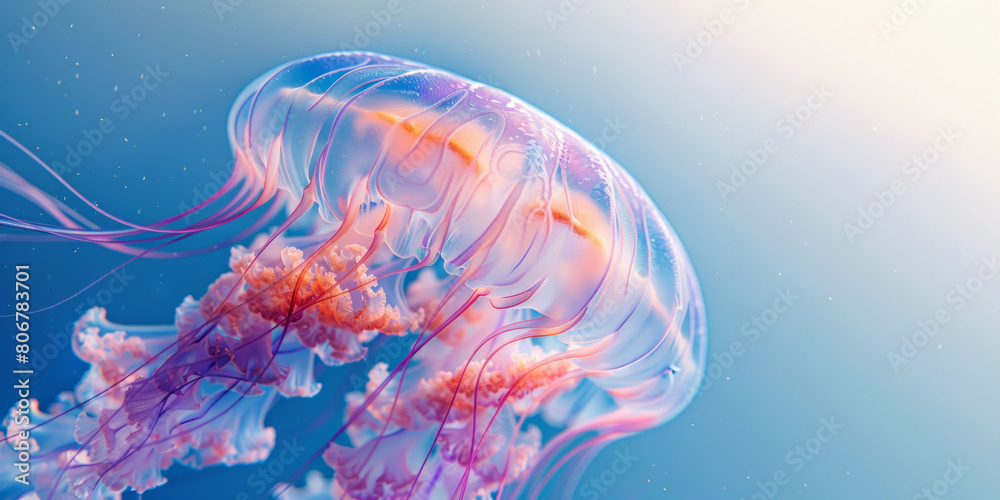 Naklejka premium lose-up of a jellyfish's wavy tentacles, highlighting the vibrant orange and pink hues