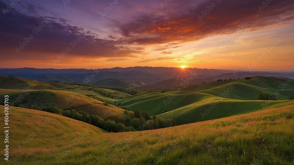 Naklejka premium Vibrant sunset over serene rolling hills under a painted sky