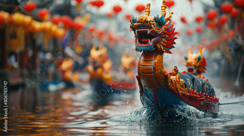 Vibrant Dragon Boat Head Sculpture in Dynamic Water at Cultural Festival