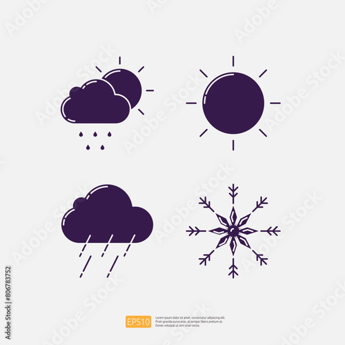Cloud Sun and Rain Drops Weather, Heavy Rain Cloud Forecast, Ice Flake Crystal snowflake. Weather Icons Collection Set Vector illustration