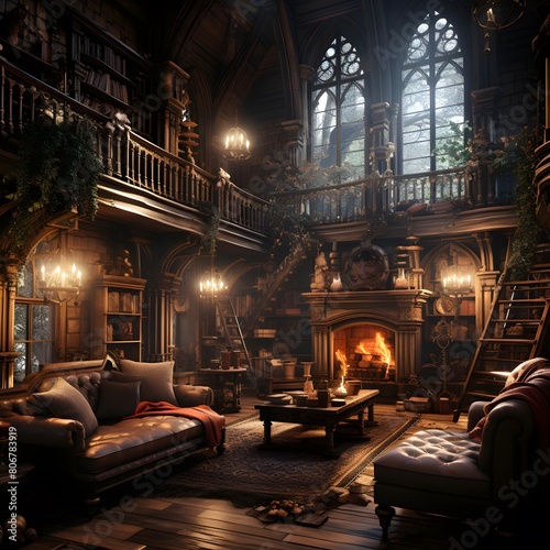 Interior of a house in a Victorian style. 3D rendering