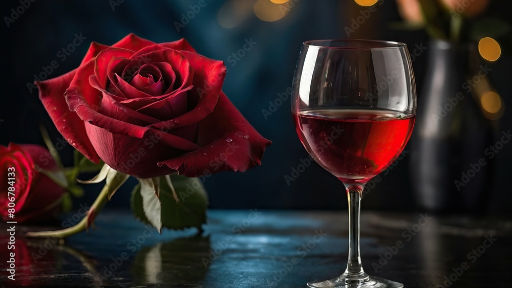 Rose and wine glass on reflective surface against dark background Rose and wine glass on reflective surface against dark background