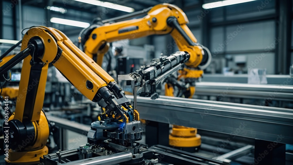 Row of robotic arms on an automated production line in a modern factory Row of robotic arms on an automated production line in a modern factory