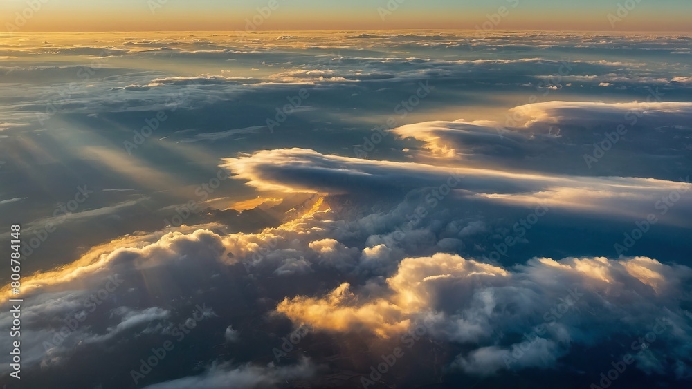 Aerial view of clouds at sunset with warm golden hues Aerial view of clouds at sunset with warm golden hues