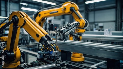 Row of robotic arms on an automated production line in a modern factory