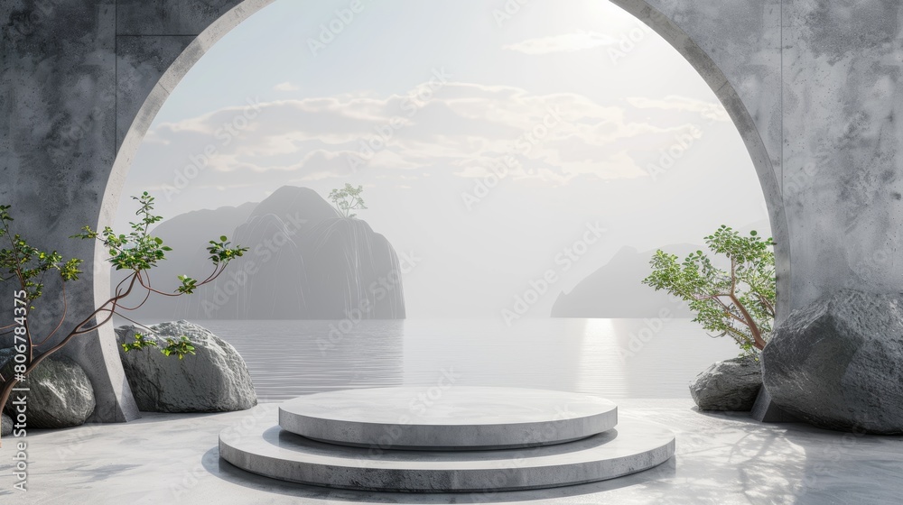 Fototapeta premium A large stone archway leads to a beautiful, serene lake