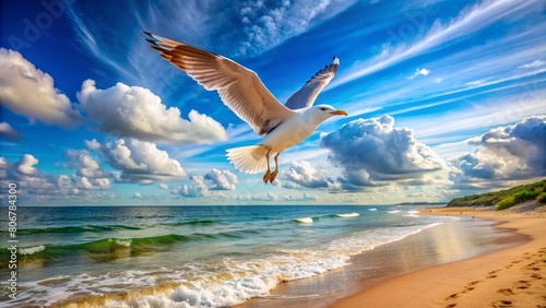 A seagull flying over the beach against the beautiful sky photo