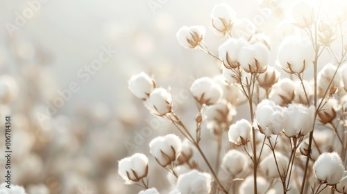 A field of cotton flowers with a bright sun shining on them