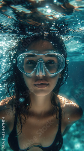 girl swimming underwater brunette realistic racing  copy space  visuals  no text
