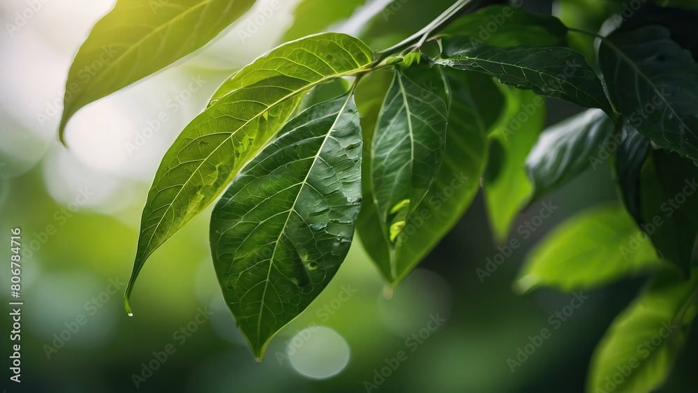 Obraz premium Vibrant green leaves with dew drops in soft focus background