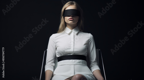 Blindfolded Woman in White Dress Seated in Mysterious Darkness