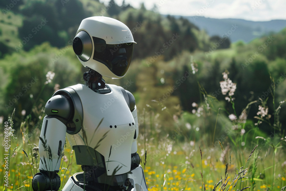 a white humanoid robot stays outside with nature on a sunny day a white humanoid robot stays outside with nature on a sunny day
