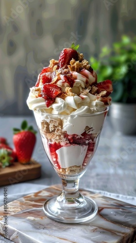 A parfait glass with layers of strawberries  cream  and cake