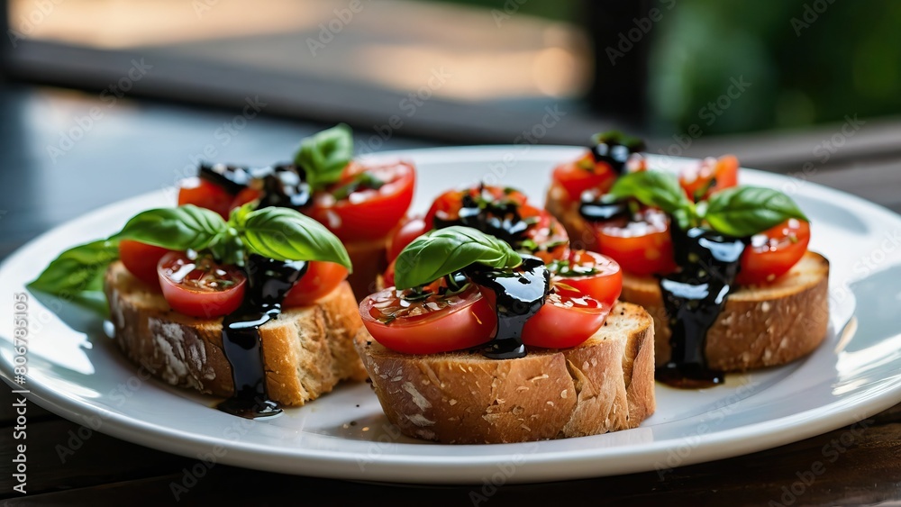 Fresh bruschetta on a plate with a rustic outdoor setting