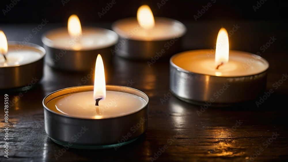 Tealight candles glowing softly on a dark wooden surface Tealight candles glowing softly on a dark wooden surface