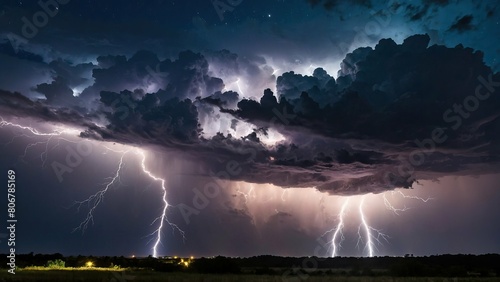 Dramatic lightning bolts piercing the night sky over rural landscape