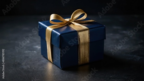 Elegant blue gift box with golden ribbon on dark background