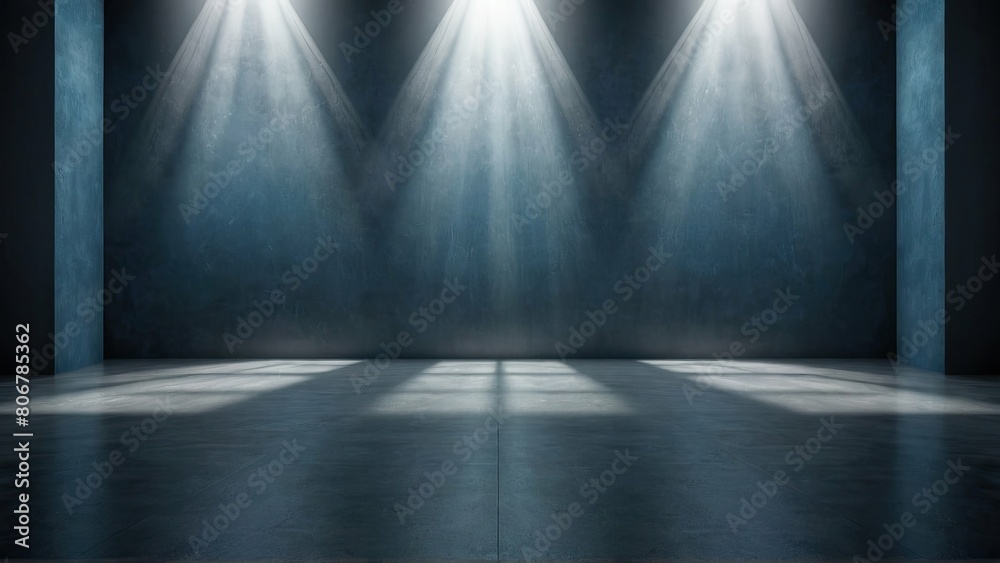 Modern gallery interior with blue spotlight illumination Modern gallery interior with blue spotlight illumination