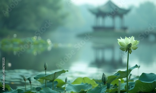 A blooming lotus in the lotus pond  with a blurred octagonal pavilion in the distance  Generative AI 