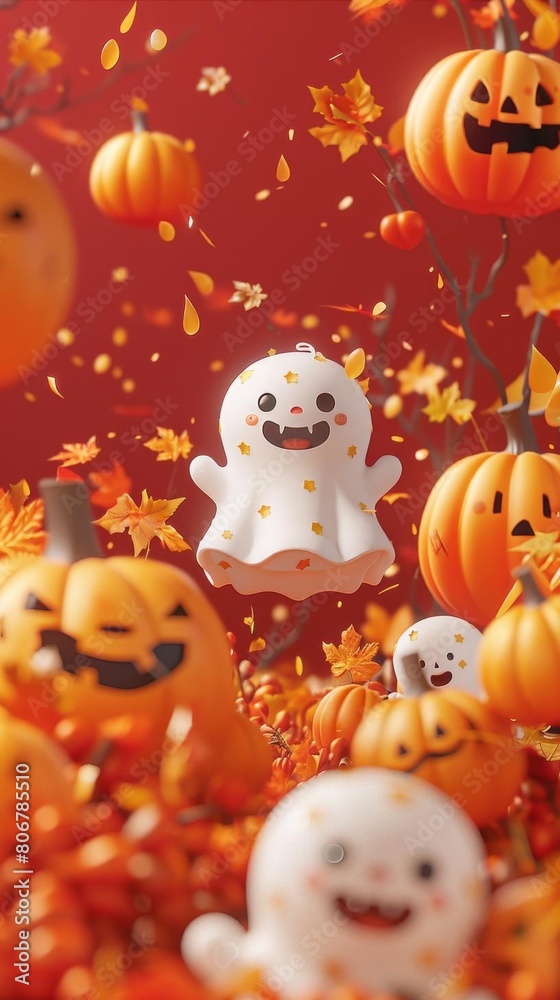 Cute cartoon ghosts and pumpkins on red background. Cute cartoon ghosts and pumpkins on red background.