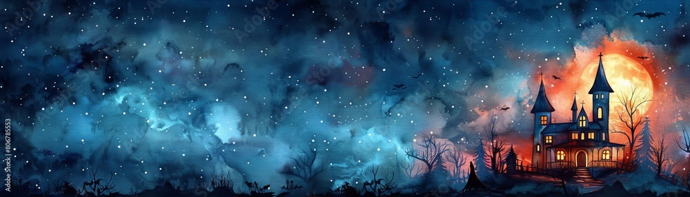Halloween Landscape The full moon is rising over a haunted house Halloween Landscape The full moon is rising over a haunted house