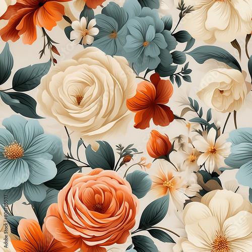 Seamless pattern tile background flowers and floral leaves plants photo