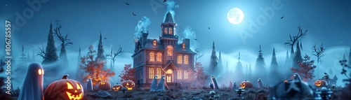 Enchanting Halloween Manor with Glowing Pumpkins photo