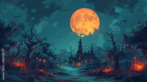 Eerie Village Under a Harvest Moon Halloween Scene