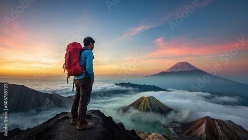 Backpack clad photographer capturing sunrise over a volcanic landscape © sitifatimah