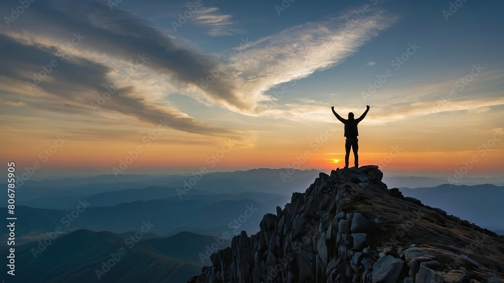 Silhouetted hiker with arms up in victory on mountain peak