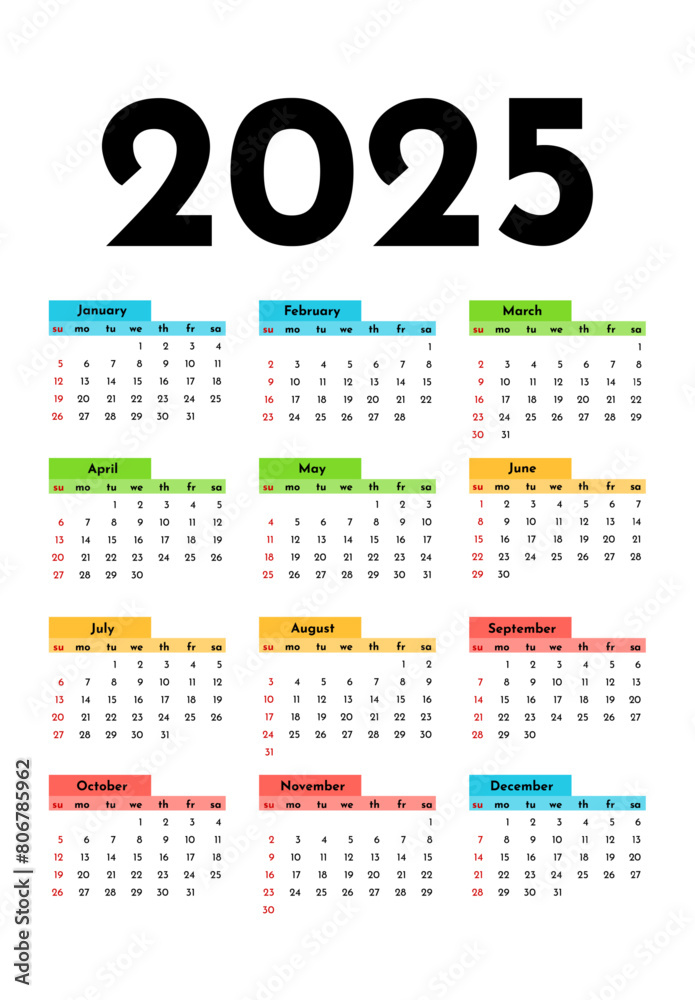 Calendar for 2025 isolated on a white background Calendar for 2025 isolated on a white background