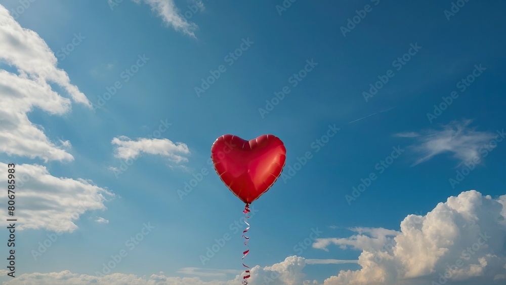 Fototapeta premium Red heart balloon against a sunny sky with clouds